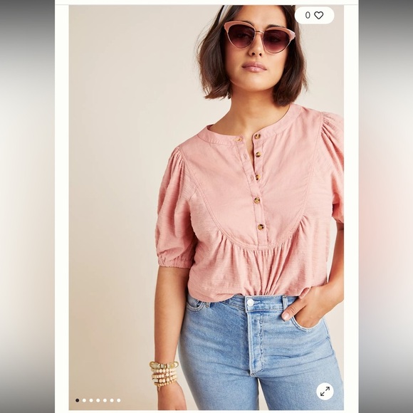 Anthropologie Elinor pink peasant Textured short puff sleeve Top Sz Small - Picture 1 of 9